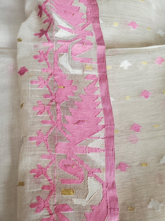 Elegant Pink & Cream Pure Cotton Dhakai Jamdani Saree Handloom Mint Condition